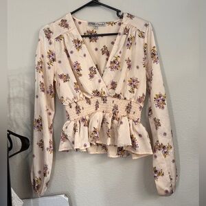 Gypsies and moondust blush long sleeve mock waist floral blouse